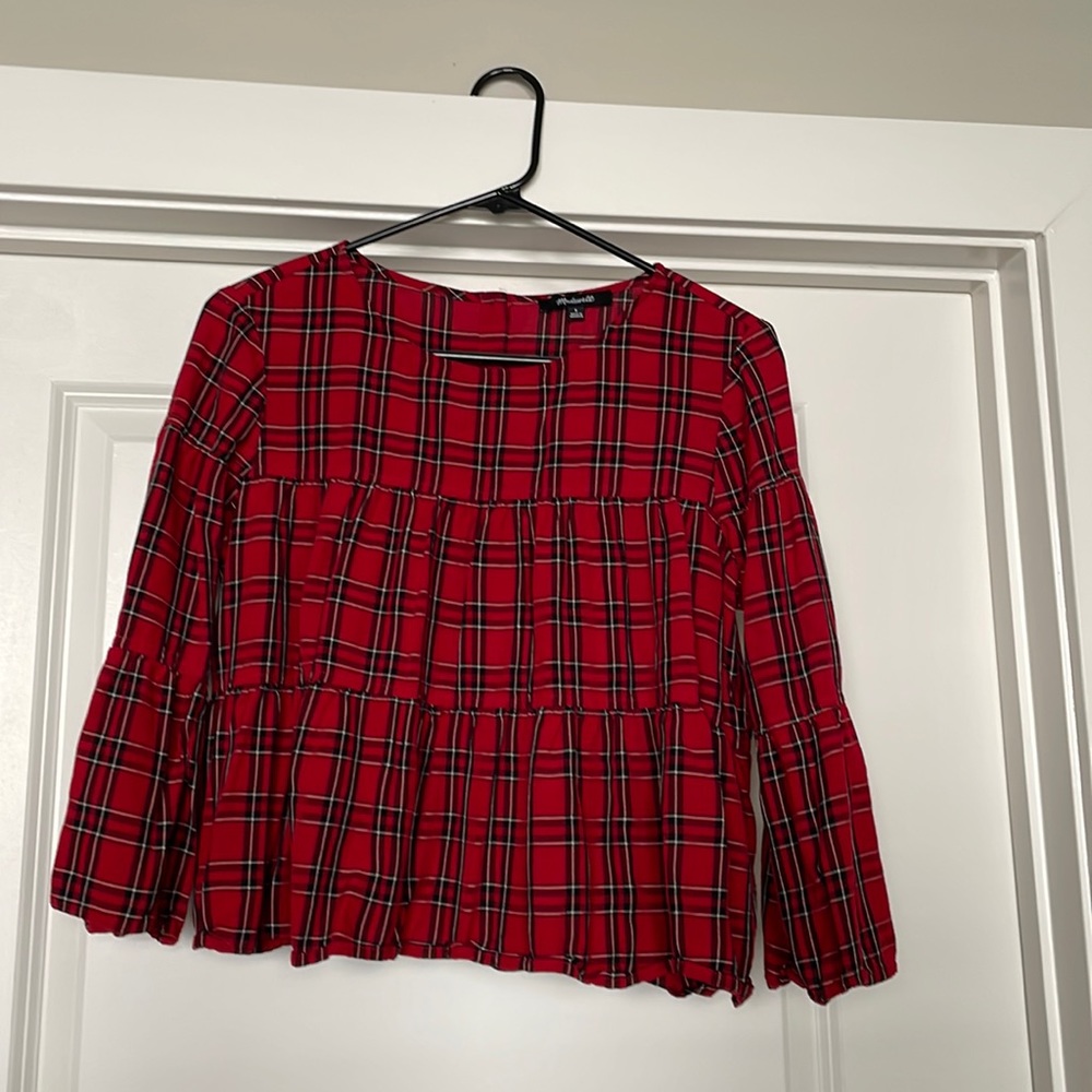 Madewell Plaid Tiered Button-Back Top